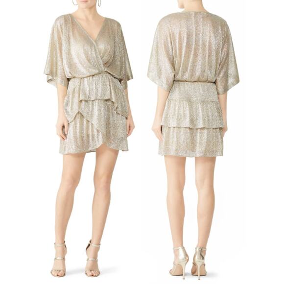 IRO Wide Shimmer Sheer Plunging Neck Blouson Mini Dress Gold Women's 36 / US 4 - Picture 1 of 5